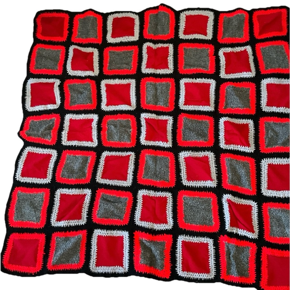 Vintage Handmade Crochet Afghan Blanket Red Gray Granny Square